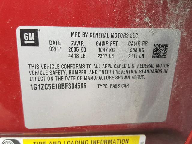 1G1ZC5E18BF304506 - 2011 CHEVROLET MALIBU 1LT RED photo 10
