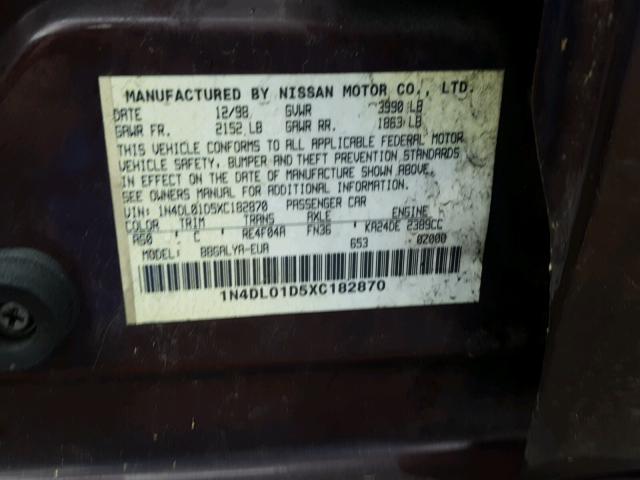 1N4DL01D5XC182870 - 1999 NISSAN ALTIMA XE PURPLE photo 10