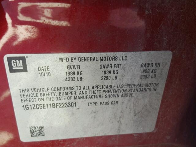 1G1ZC5E11BF223301 - 2011 CHEVROLET MALIBU 1LT 红色 照片 10