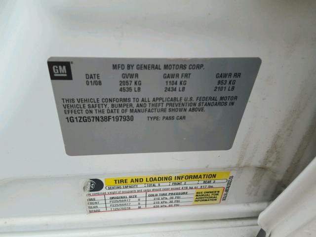 1G1ZG57N38F197930 - 2008 CHEVROLET MALIBU LS თეთრი ფოტო 10