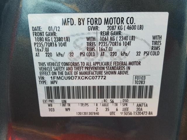 1FMCU9D7XCKC07772 - 2012 FORD ESCAPE GREEN photo 10