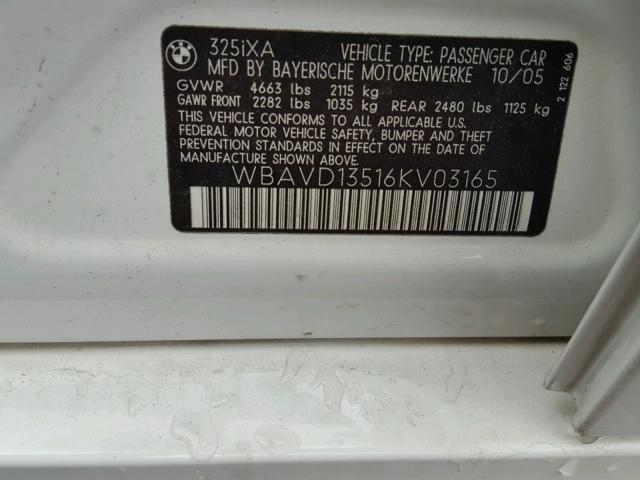 WBAVD13516KV03165 - 2006 BMW 325 XI WHITE photo 10