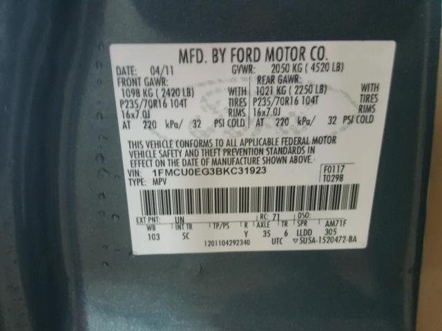 1FMCU0EG3BKC31923 - 2011 FORD ESCAPE LIM TEAL photo 10