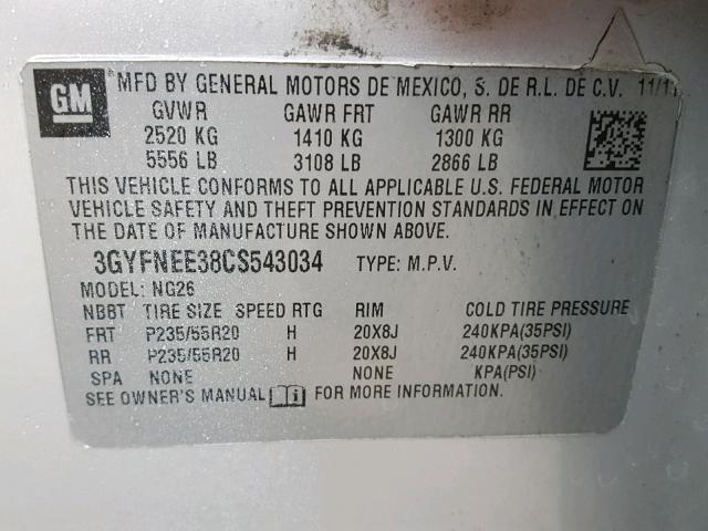 3GYFNEE38CS543034 - 2012 CADILLAC SRX PERFOR 银色 照片 10