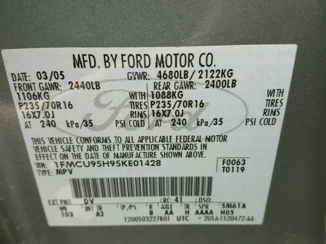 1FMCU95H95KE01428 - 2005 FORD ESCAPE GREEN photo 10