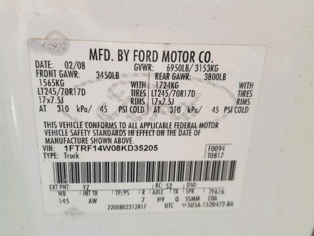 1FTRF14W08KD35205 - 2008 FORD F150 WHITE photo 10