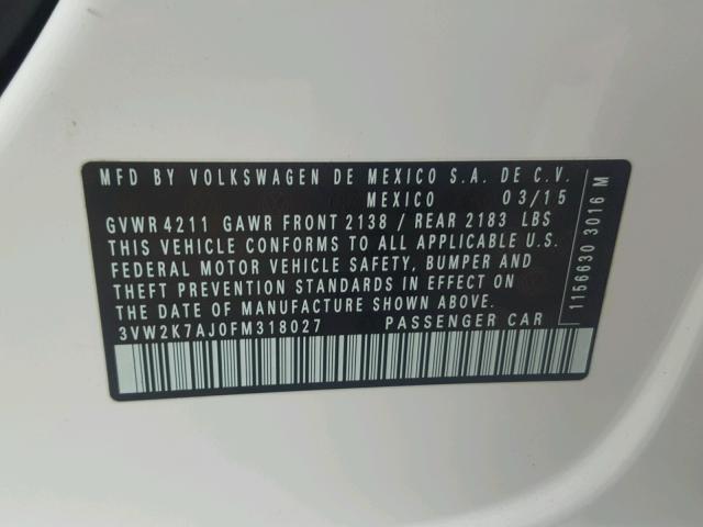 3VW2K7AJ0FM318027 - 2015 VOLKSWAGEN JETTA BASE 白色 照片 10