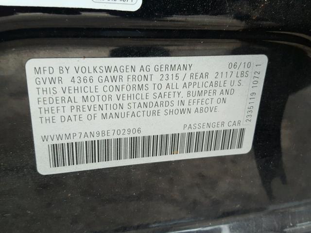 WVWMP7AN9BE702906 - 2011 VOLKSWAGEN CC SPORT BLACK photo 10