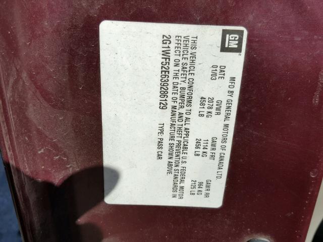 2G1WF52E639286129 - 2003 CHEVROLET IMPALA MAROON photo 10