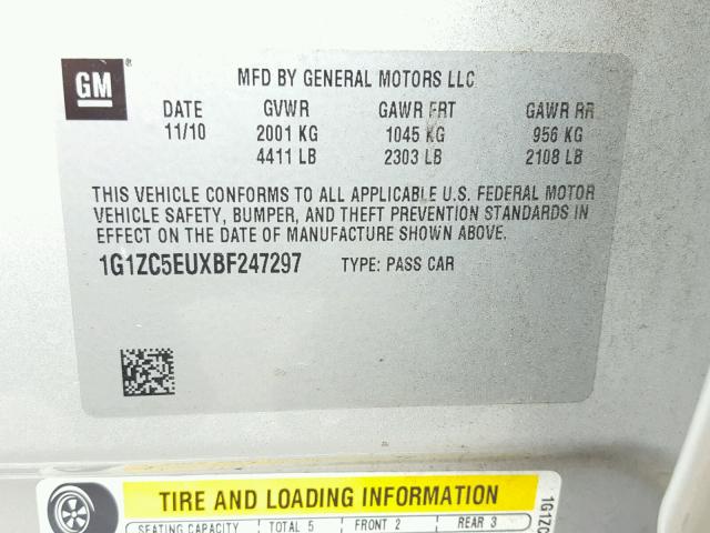 1G1ZC5EUXBF247297 - 2011 CHEVROLET MALIBU 1LT 银色 照片 10