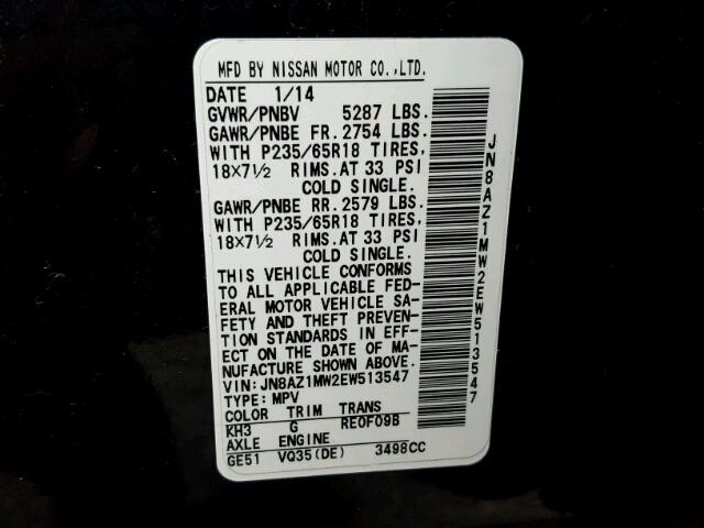 JN8AZ1MW2EW513547 - 2014 NISSAN MURANO S BLACK photo 10