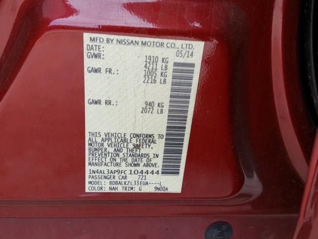 1N4AL3AP9FC104444 - 2015 NISSAN ALTIMA 2.5 RED photo 10