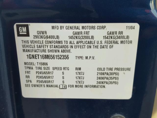 1GNET16M656152356 - 2005 CHEVROLET TRAILBLAZE BLUE photo 10