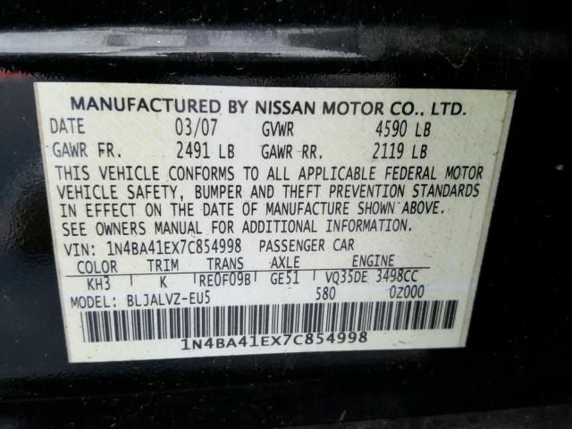 1N4BA41EX7C854998 - 2007 NISSAN MAXIMA BLACK photo 10