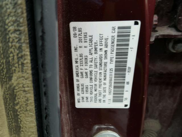 1HGCP26499A031125 - 2009 HONDA ACCORD LXP MAROON photo 10