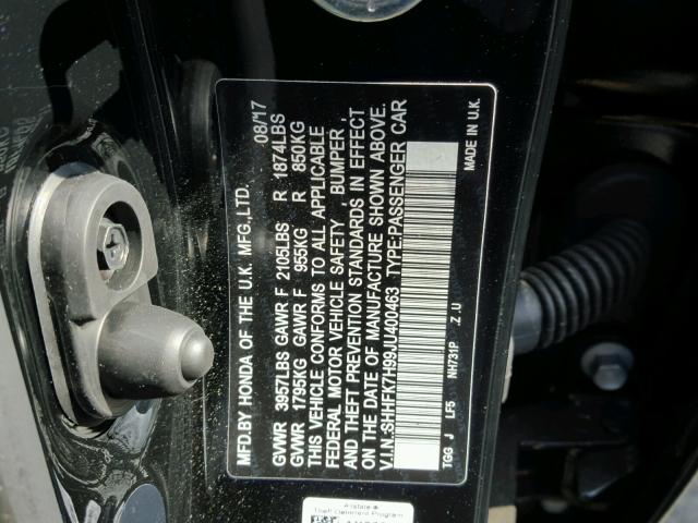 SHHFK7H99JU400463 - 2018 HONDA CIVIC SPOR BLACK photo 10