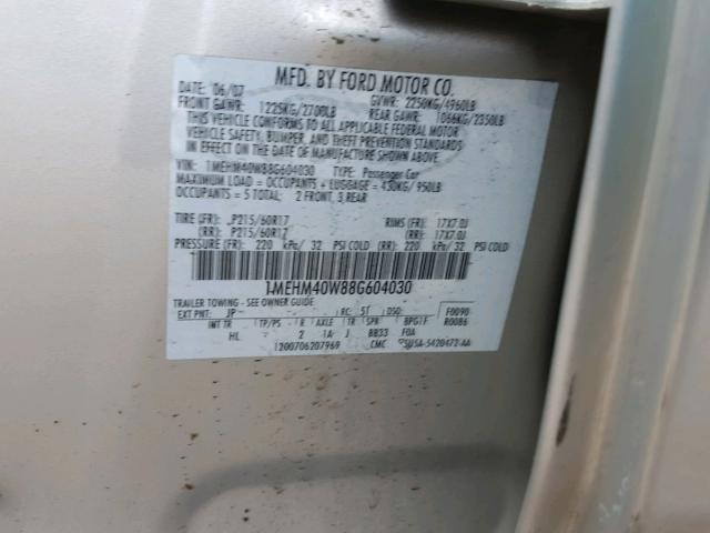 1MEHM40W88G604030 - 2008 MERCURY SABLE LUXU SILVER photo 10