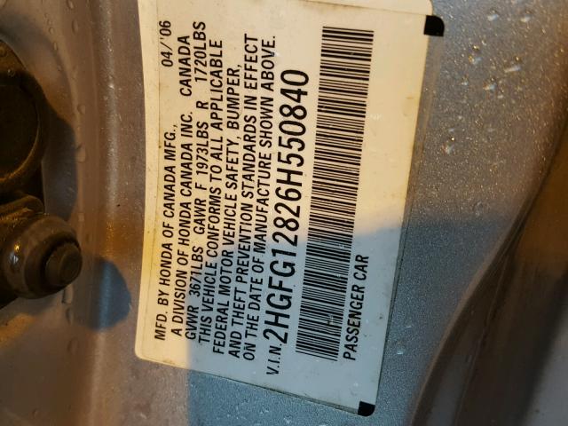 2HGFG12826H550840 - 2006 HONDA CIVIC EX SILVER photo 10