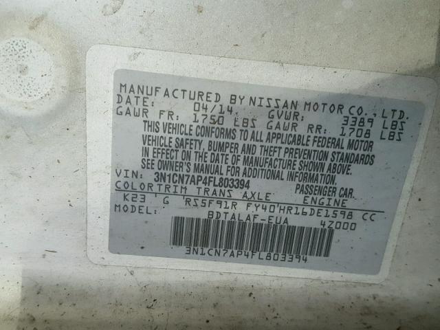 3N1CN7AP4FL803394 - 2015 NISSAN VERSA S SILVER photo 10