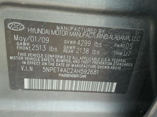 5NPET4AC2AH592681 - 2010 HYUNDAI SONATA GLS GRAY photo 10