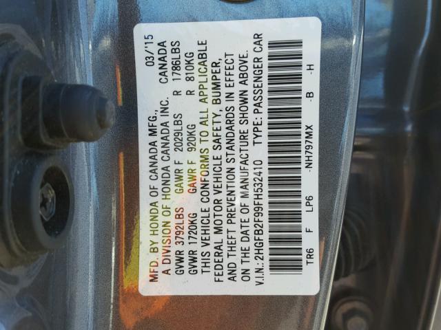 2HGFB2F99FH532410 - 2015 HONDA CIVIC EXL 灰色 照片 10