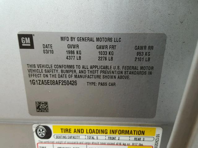 1G1ZA5E08AF250426 - 2010 CHEVROLET MALIBU LS ვერცხლისფერი ფოტო 10