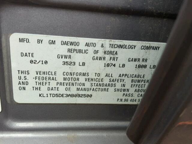 KL1TD5DE3AB092500 - 2010 CHEVROLET AVEO LS GRAY photo 10