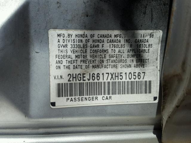 2HGEJ6617XH510567 - 1999 HONDA CIVIC BASE 银色 照片 10