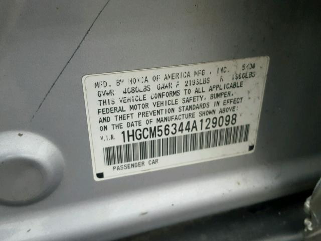 1HGCM56344A129098 - 2004 HONDA ACCORD LX GRAY photo 10