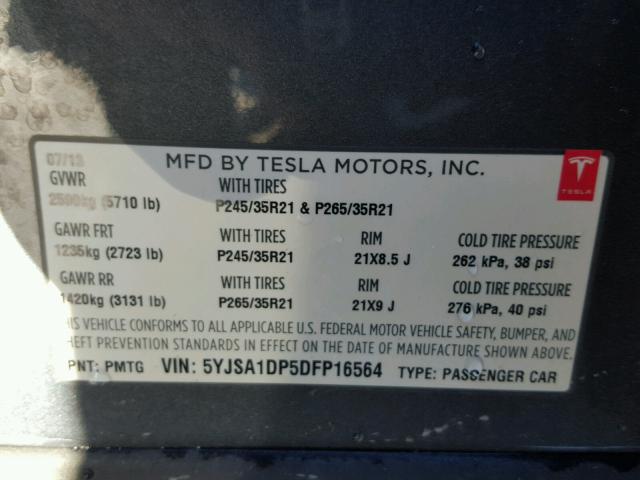5YJSA1DP5DFP16564 - 2013 TESLA MODEL S GRAY photo 10