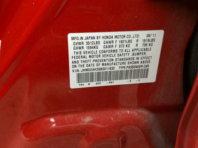 JHMGE8H39BS011632 - 2011 HONDA FIT RED photo 10