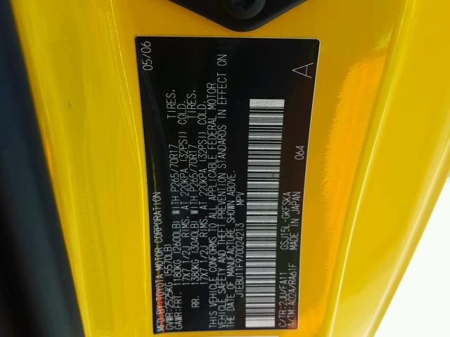 JTEBU11F970024213 - 2007 TOYOTA FJ CRUISER YELLOW photo 10