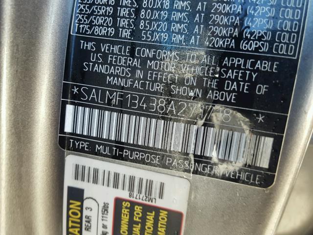 SALMF13438A271718 - 2008 LAND ROVER RANGE ROVE GRAY photo 10