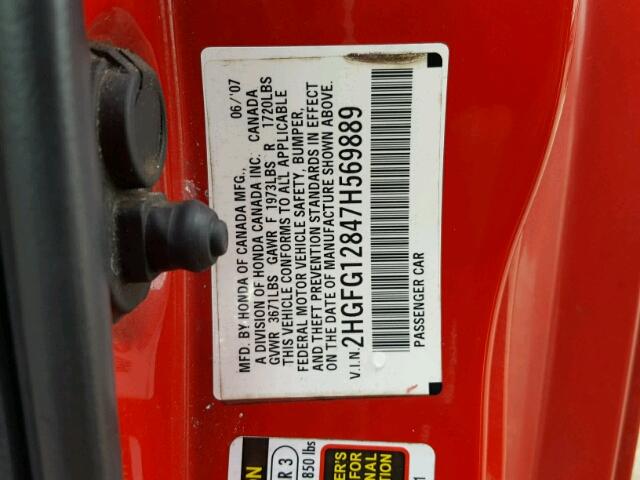 2HGFG12847H569889 - 2007 HONDA CIVIC EX RED photo 10