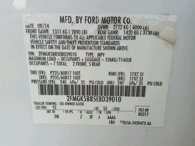 2FMGK5B85EBD39010 - 2014 FORD FLEX SE WHITE photo 10