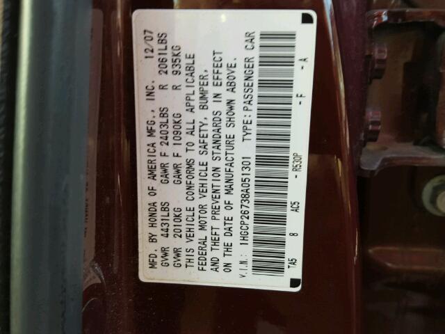 1HGCP26738A051301 - 2008 HONDA ACCORD EX BURGUNDY photo 10