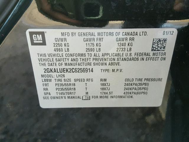 2GKALUEK2C6256914 - 2012 GMC TERRAIN SL BLACK photo 10