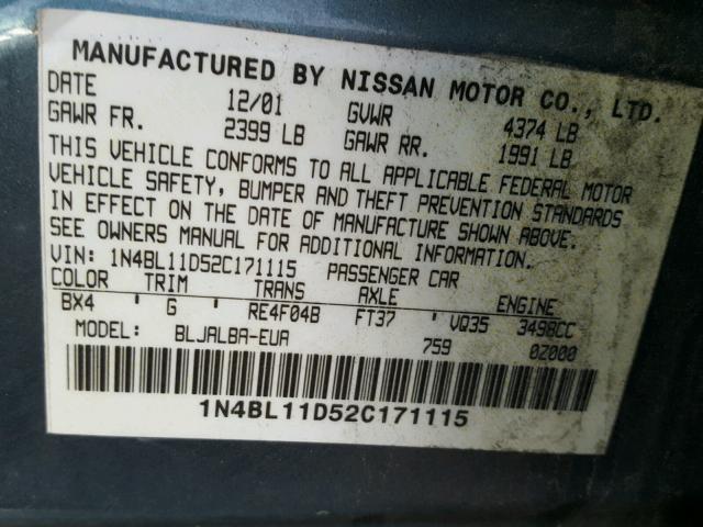 1N4BL11D52C171115 - 2002 NISSAN ALTIMA SE BLUE photo 10