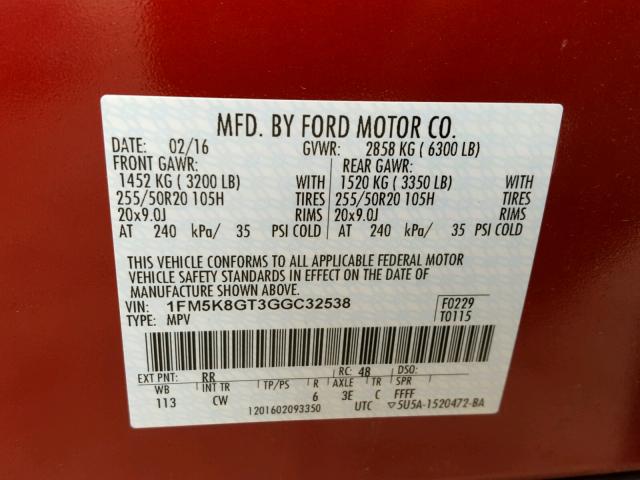 1FM5K8GT3GGC32538 - 2016 FORD EXPLORER S RED photo 10