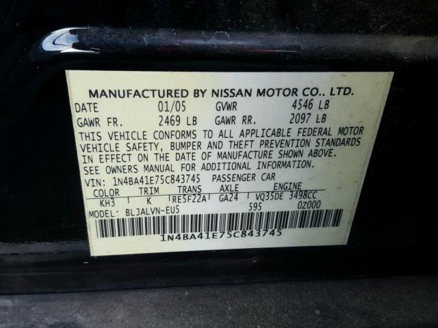 1N4BA41E75C843745 - 2005 NISSAN MAXIMA SE BLACK photo 10