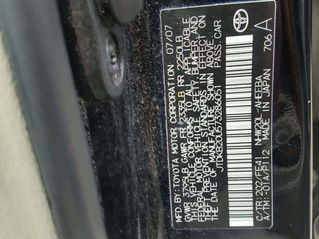 JTDKB20U573286051 - 2007 TOYOTA PRIUS BLACK photo 10