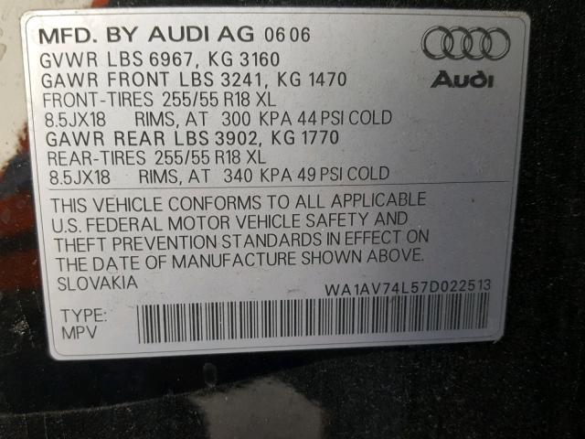 WA1AV74L57D022513 - 2007 AUDI Q7 4.2 QUA BLACK photo 10