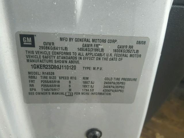 1GKER23D89J110120 - 2009 GMC ACADIA SLT ვერცხლისფერი ფოტო 10