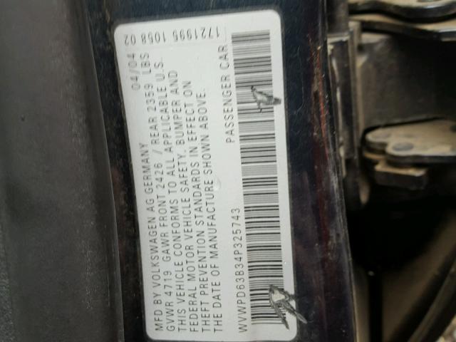 WVWPD63B34P325743 - 2004 VOLKSWAGEN PASSAT GLS BLUE photo 10