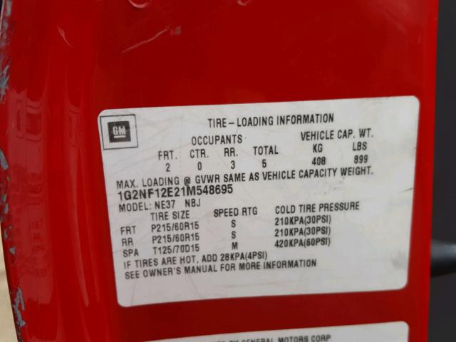 1G2NF12E21M548695 - 2001 PONTIAC GRAND AM S წითელი ფოტო 10