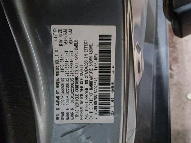 JHLRD78815C028672 - 2005 HONDA CR-V EX ნაცრისფერი ფოტო 10