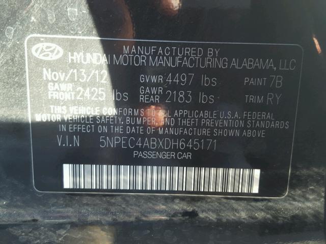 5NPEC4ABXDH645171 - 2013 HYUNDAI SONATA SE BLACK photo 10