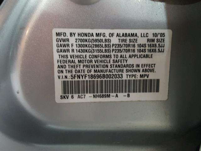 5FNYF18696B002033 - 2006 HONDA PILOT EX SILVER photo 10