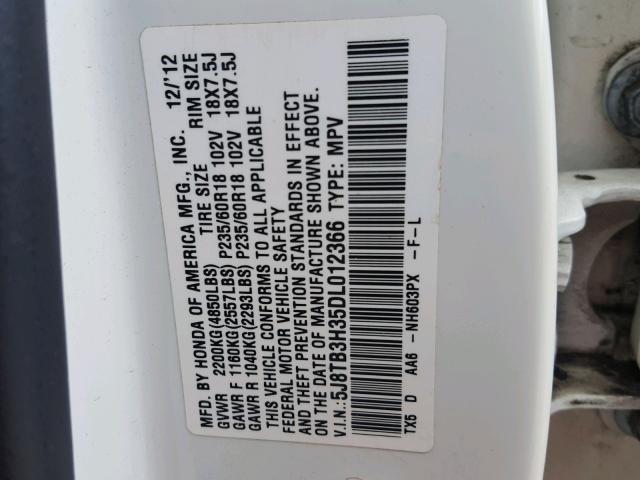 5J8TB3H35DL012366 - 2013 ACURA RDX BASE WHITE photo 10