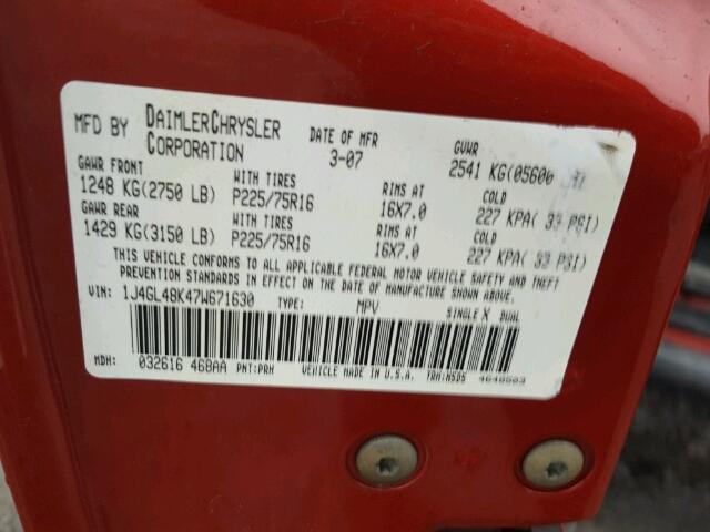 1J4GL48K47W671630 - 2007 JEEP LIBERTY SP RED photo 10